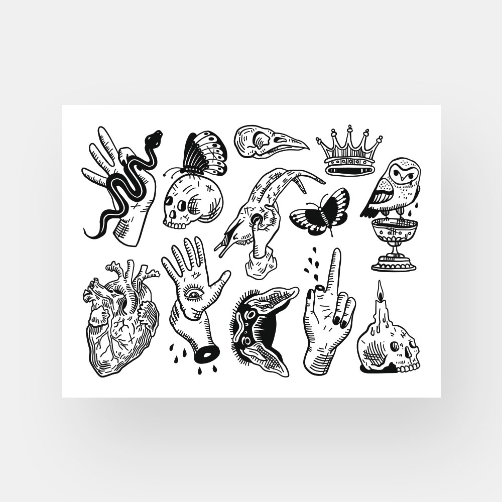 Temporär Tattoo Sheet mit 12 Motiven